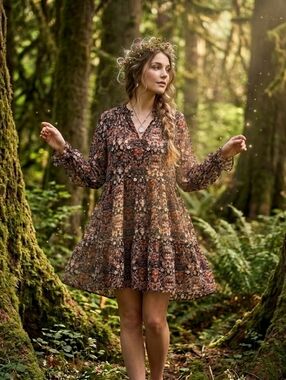 Dress Forum Womens Forest Fairy Peasant Dress Medium Brown Floral Bohemian